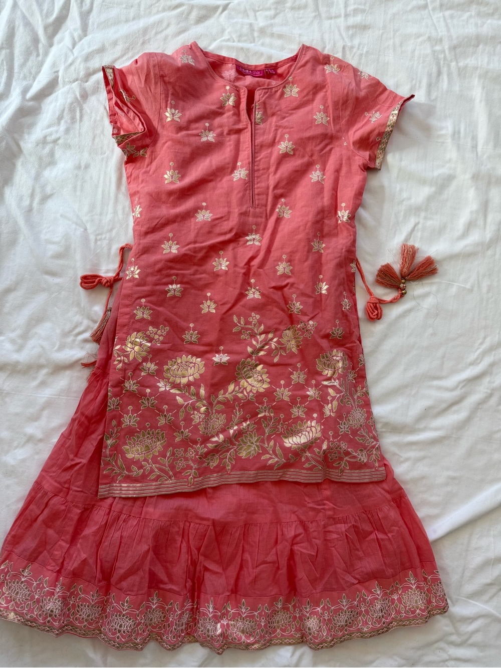 Biba Coral Pink Girls Embroidered Ethnic Dress with Gold Accents